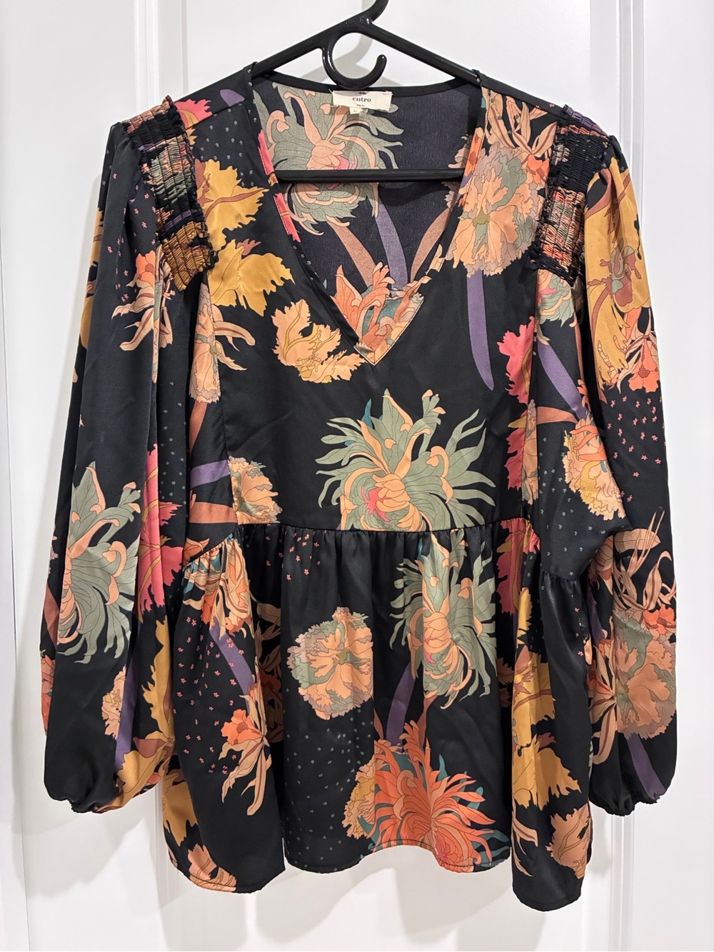 Entro Black Floral V-Neck Babydoll Blouse Boho Smocked Balloon Sleeve - L